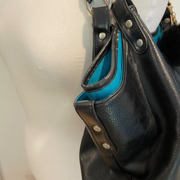 Espe Black Vegan Leather Purse Tote Bag pouch With Pom-Pom Floral Interior boho - Picture 7 of 14